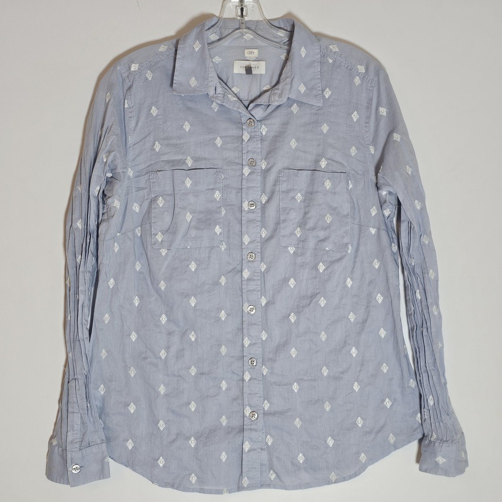 Loft Shirt Womens Medium Blue Diamond Embroidered Button Down Top Office Classic